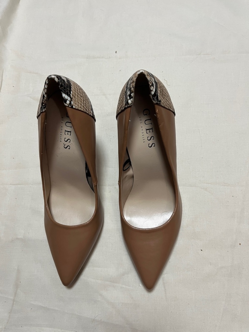 Guess Pointed D'Orsay Heels in Tan with Snake-Print Heel